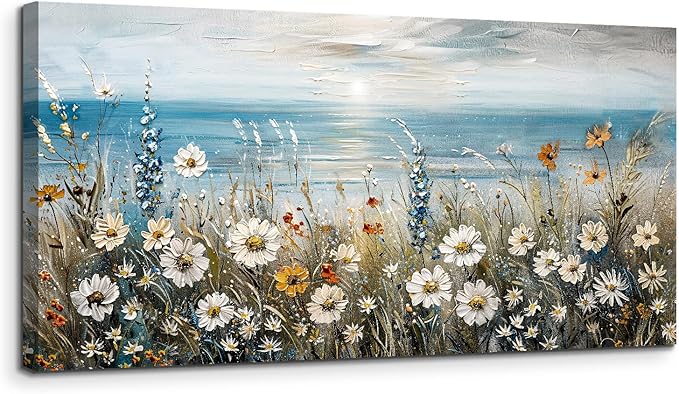 SERIMINO Coastal Landscape Wall Art Prints, Beach Daisy Large Canvas Prints by SERIMINO