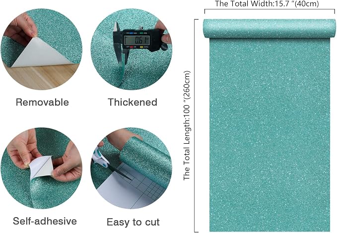 CHIHUT 15.7''x100'' Peel and Stick Light Blue Glitter Wallpaper Roll Sparkly - Image 9