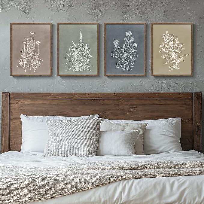 Boho Framed Botanical Wall Art for Bedroom, 4 Piece Vintage Neutral Floral by Cuspin