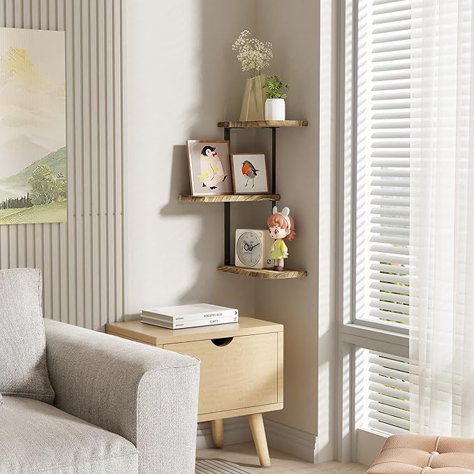 Love-KANKEI Corner Shelf Wall Mount of 3 Tier Rustic Wood Floating Shelves - Image 6