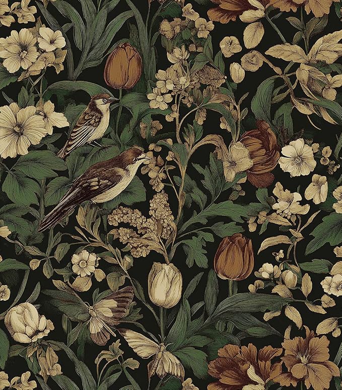 Erfoni 17.3" x118" Vintage Floral Peel and Stick Wallpaper Dark Floral and Bird by Erfoni