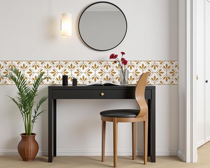 FLFK Wallpaper Border Gold and White Patterns Peel and Stick Wall Border Self - Image 3