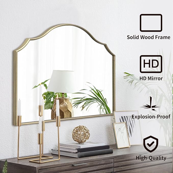 Besdomus Gold Scalloped Mirror for Vanity: 32"x24" Modern Minimalist Wooden - Image 2