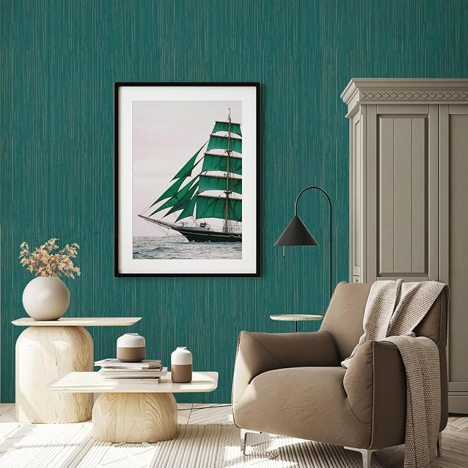 Teal Grasscloth Peel and Stick Wallpaper A Set of 23.6" X 480" Self-Adhesive - Image 3