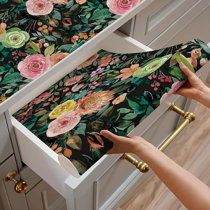 JiffDiff Dark Floral Peel and Stick Wallpaper 236.22" L x 17.7" W Black - Image 8