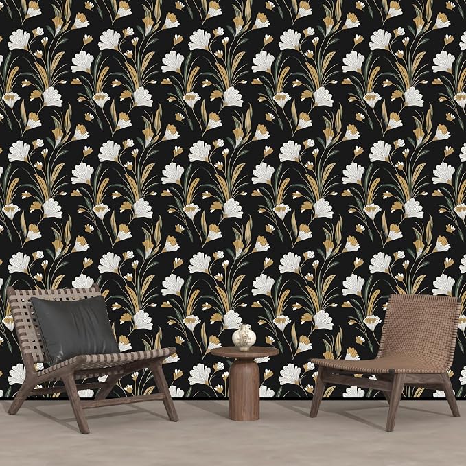 Laatse Black Gold Peel and Stick Wallpaper White Floral Contact Paper 17.5in x - Image 8