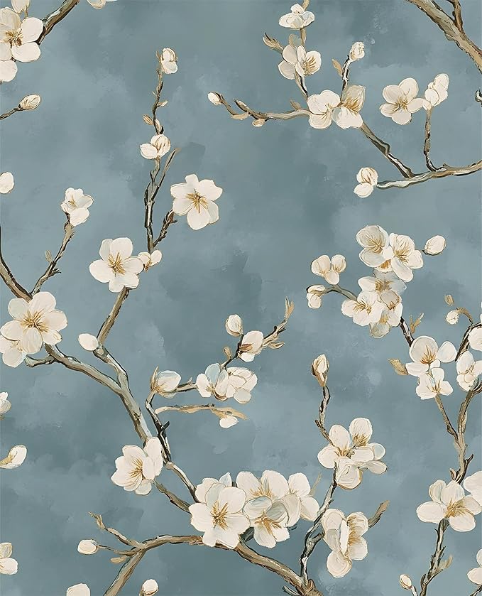 Blue Floral Wallpaper Peel and Stick Vintage White Flowers Contact Paper Vinyl by Laatse