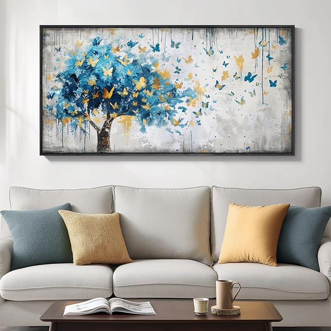 Framed Large Tree Wall Art, Modern Golden Butterfly Picture by Cuspin