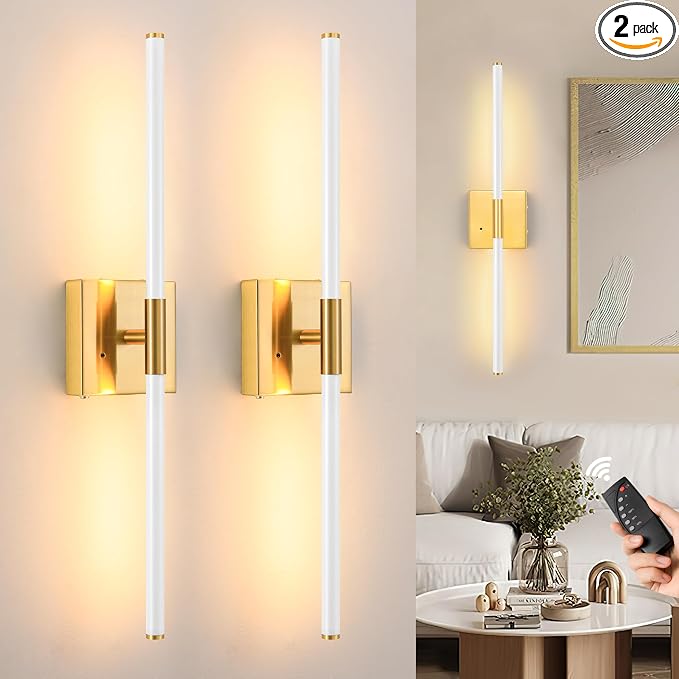 Morauroral 30 Inch White Gold Battery Operated Wall Sconces Set of 2, Dimmable by Morauroral