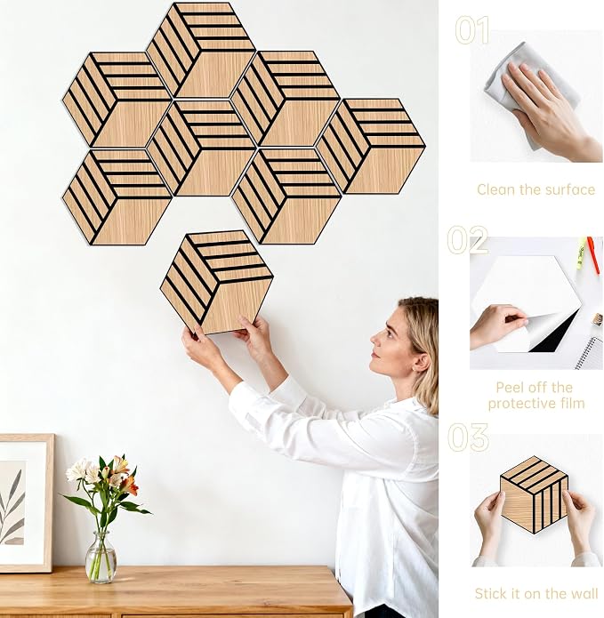 Mollywell Acoustic Panels, PVC Wood-Grain, 14x12 Inch Hexagon Carved Sound - Image 6