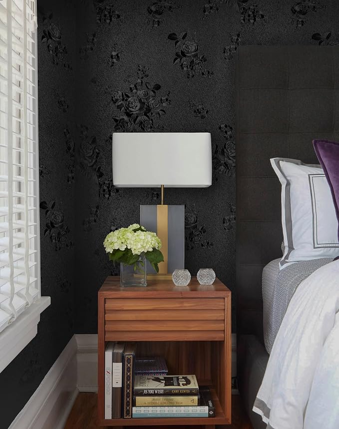 Erfoni Black Peel and Stick Wallpaper Black Floral Embossed Contact Paper - Image 2