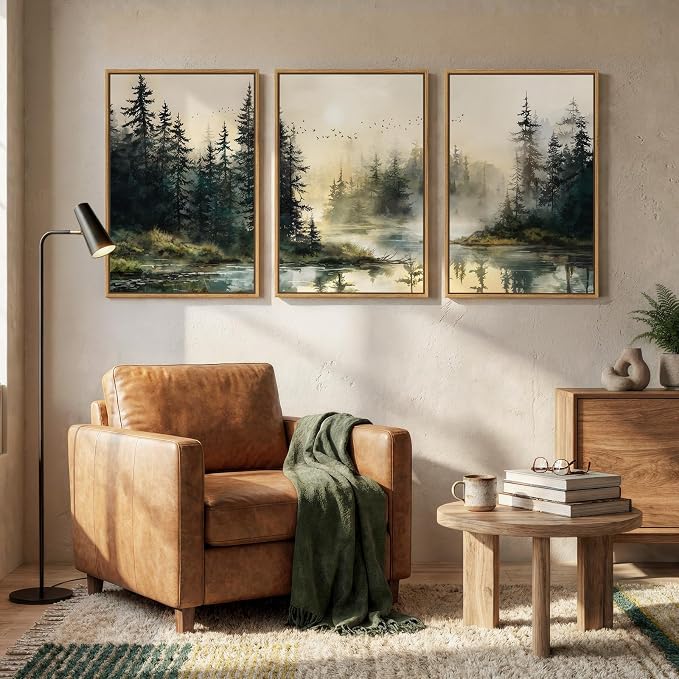 Framed Forest Landscape Nature Wall Art Bedroom, 3 Piece Foggy Pine Tree Lake - Image 8