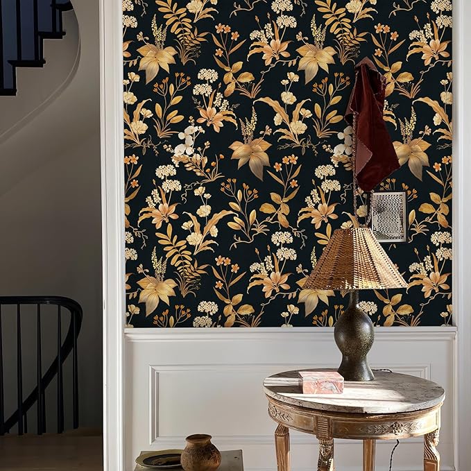 Simon&Siff Vintage Wallpaper Peel and Stick Black Gold Floral Wallpaper - Image 5
