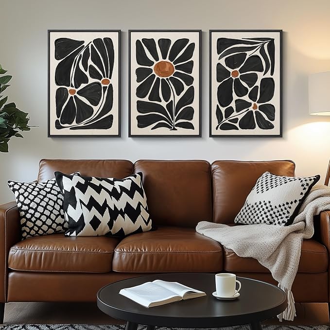 Large Framed Black and White Boho Floral Wall Art, 3 Piece Vintage Botanical - Image 2