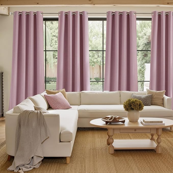 NICETOWN Pink Faux Linen Room Darkening Rod Pocket Curtains 63 inch Length - Image 4