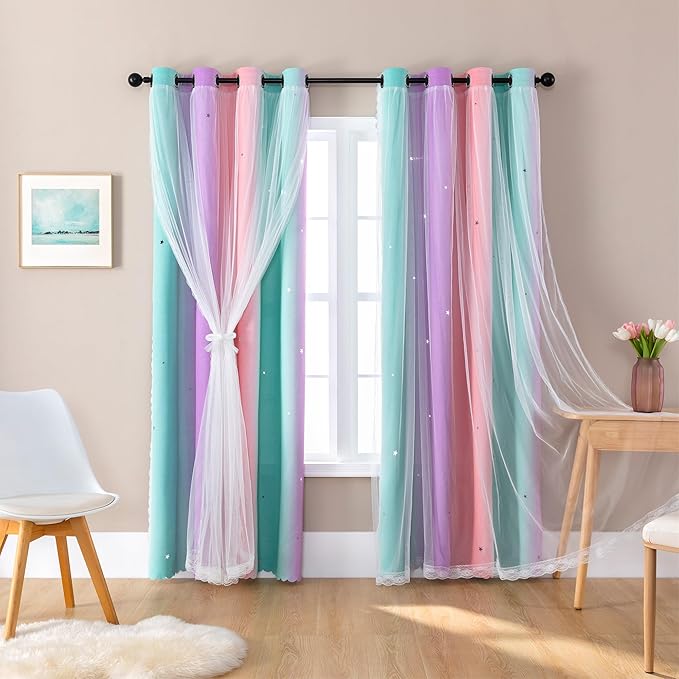 XiDi Curtains for Bedroom Decor, RainbowPink Purple Green 42/84/1 by Addsomecolortolife