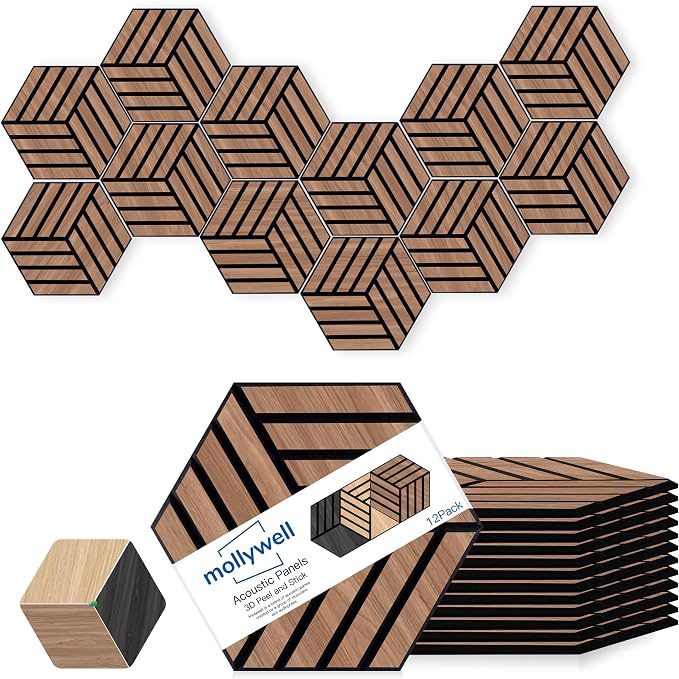 Mollywell Acoustic Panels, PVC Wood-Grain, 14x12 Inch Hexagon Carved Sound by Mollywell
