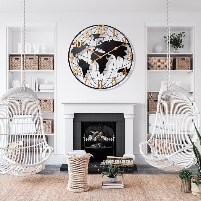 Large World Map Wall Clock, Metal Minimalist Modern Clock, Round Silent - Image 5