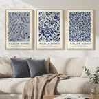 Framed Large William Morris Wall Art Set of 3, Vintage Blue Botanical Floral by Cuspin