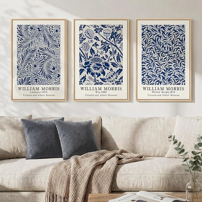 Framed Large William Morris Wall Art Set of 3, Vintage Blue Botanical Floral by Cuspin