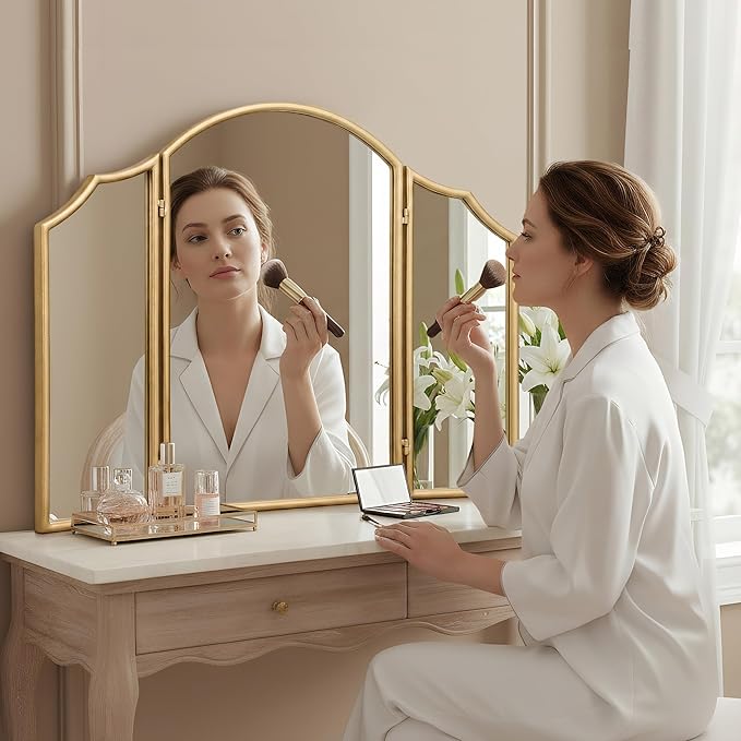 Besdomus Gold Scalloped Vanity Mirror: 36"x24" Large Modern Three Sided Dresser - Image 2