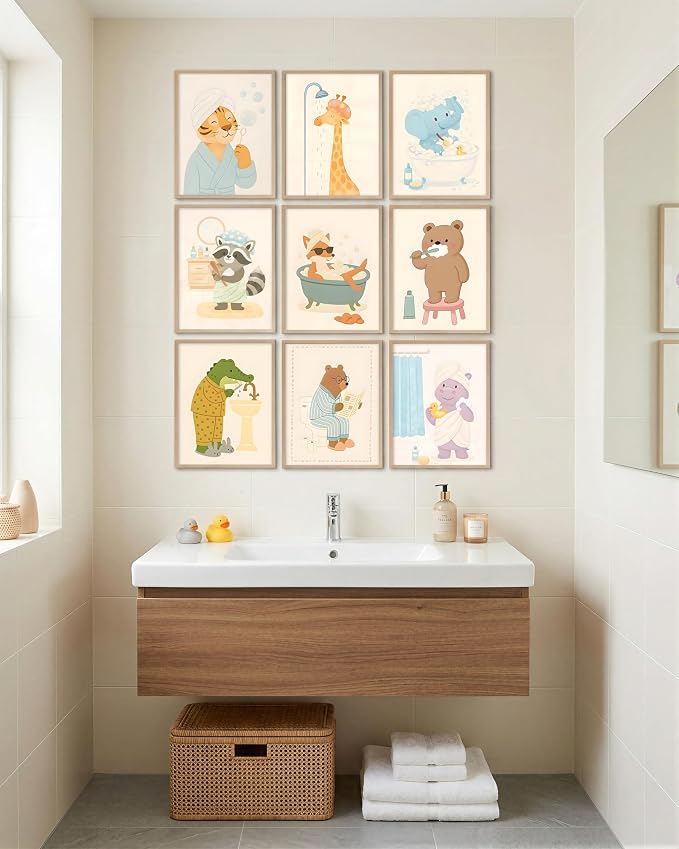 tgguytiy Kids Bathroom Wall Art Set of 9 Cute Animal Bathroom Decor - Image 4