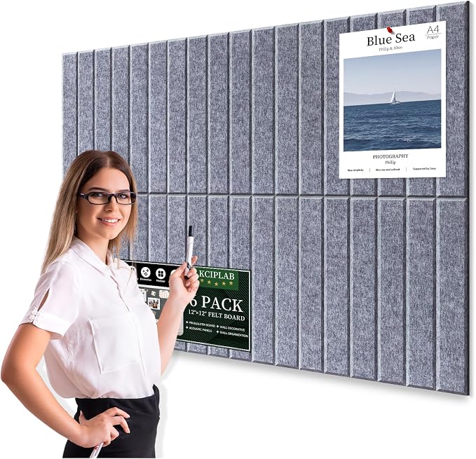 Large Cork Bulletin Board for Wall 36"x24", 6 Pack Felt Slat Wall Panel Tiles by Kciplab
