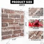 40 PCS 3D Wall Panels Peel and Stick Faux Foam 11.8"*11.8" Red Brick Color - Image 2