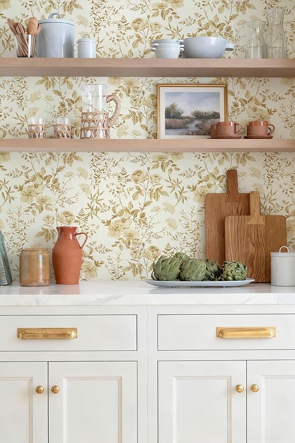 Erfoni 16.9" x394" Yellow Brown Floral Peel and Stick Wallpaper Boho Floral - Image 6