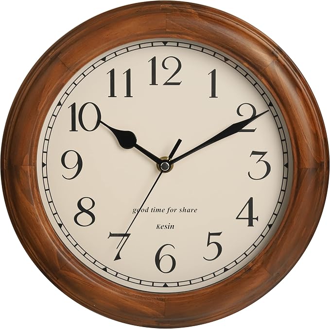 Wooden Wall Clock with Retro Design, 11 Inches Round Wall Clocks Battery by Kesin