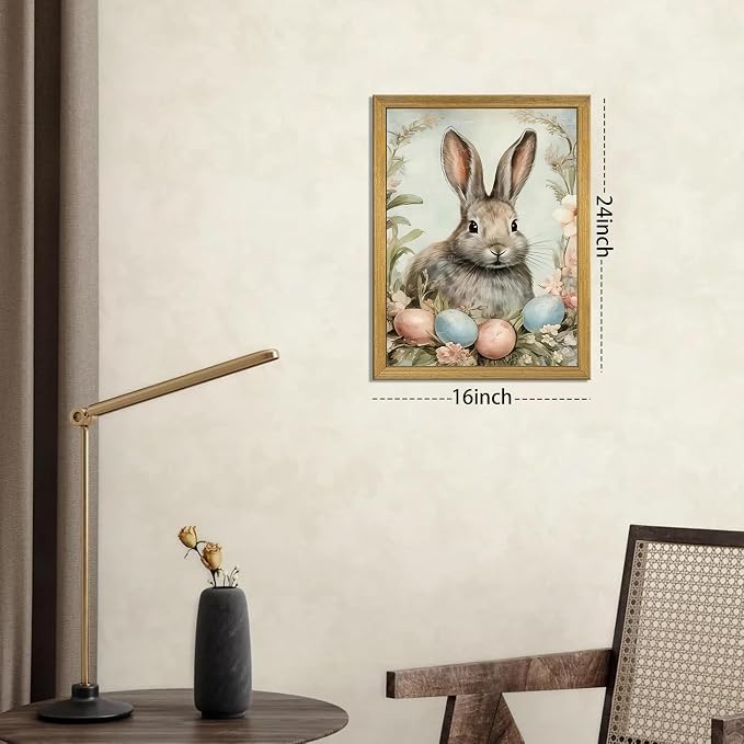 Easter Bunny Wall Art, Vintage Rabbit Canvas Wall Decor, Easter Eggs Poster - Image 2