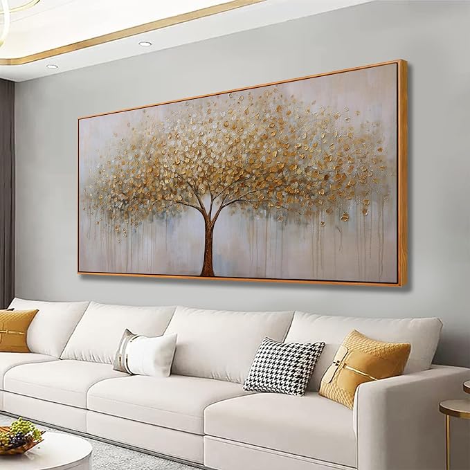 Abstract Wall Art Gold Tree of Life Framed Artwork Canvas Painting Textured by VHMING