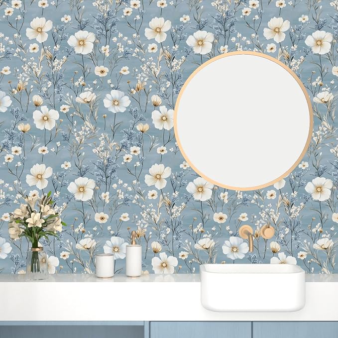 Laatse Blue Floral Peel and Stick Wallpaper White Botanical Contact Paper - Image 5