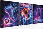 Cool Soccer Gaming Wall Art Set of 3, Neon Video Gamer Canvas Pictures by BGFCEWallArt