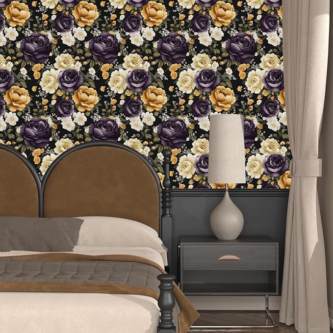 Floral Black Vintage Wallpaper Peel and Stick Dark Purple Beige Peony Contact - Image 7