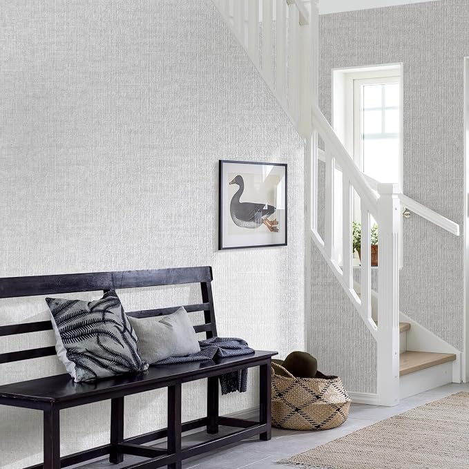 Grasscloth Peel and Stick Wallpaper, Light Grey Vintage Textured Faux Linen - Image 7