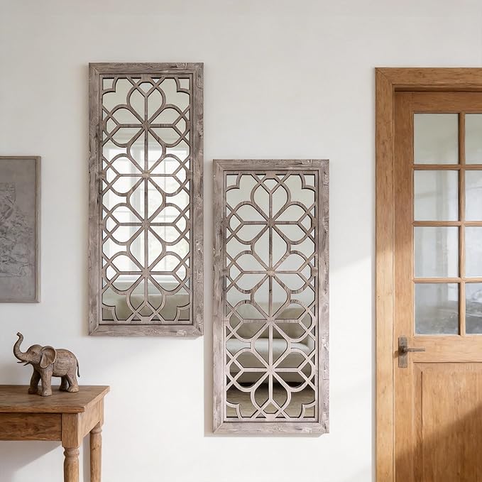 Set of 2 13x30 Inch Large Brown Shatterproof Carved Floral Wood Frame Wall by HMANGE
