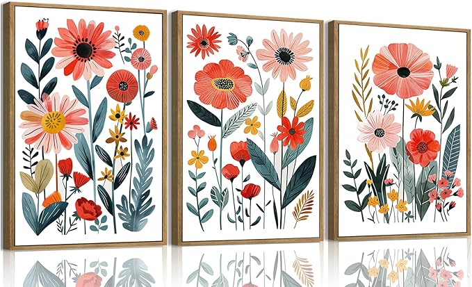 KISSFOX Colorful Wildflower Canvas Wall Art Set Of 3 Flowers Pictures Prints by KISSFOX