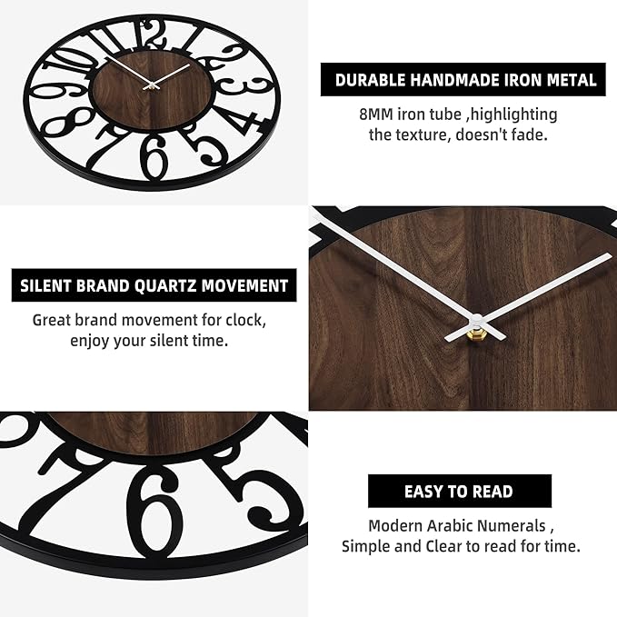 LEIKE Large LED Wall Clocks, Non Ticking, Battery Operated Rustic Round Modern - Image 4