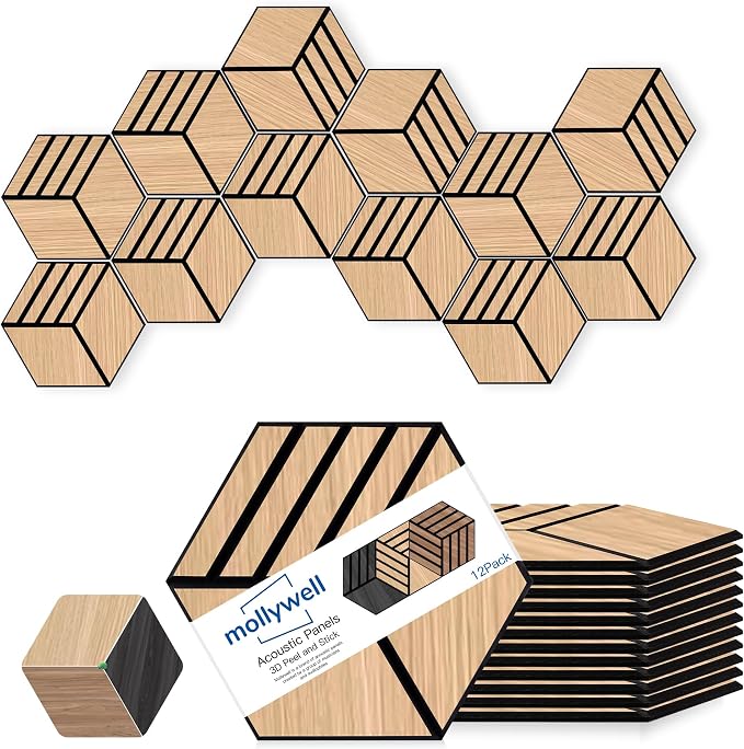 Mollywell Acoustic Panels, PVC Wood-Grain, 14x12 Inch Hexagon Carved Sound by Mollywell