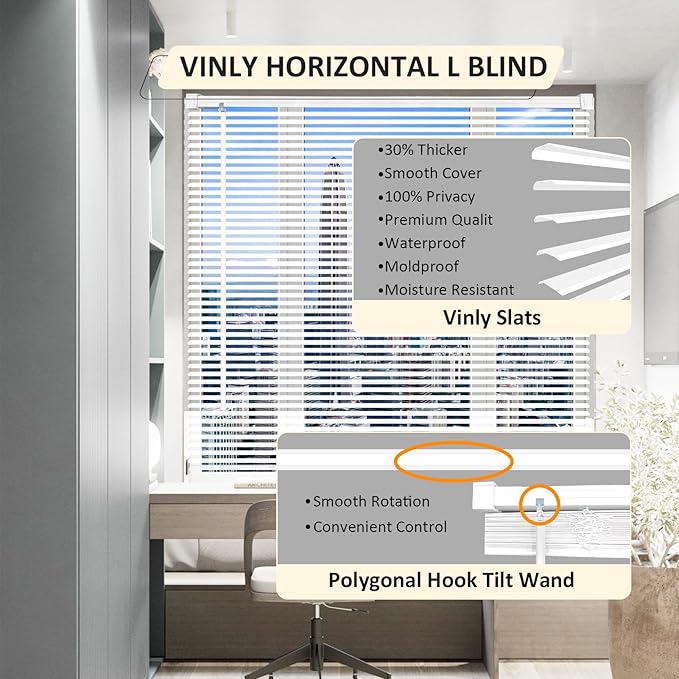 Cordless Vinyl Mini L Blinds 33" W x 64" H, Light Filtering, Arrive 1/2 Inch - Image 2