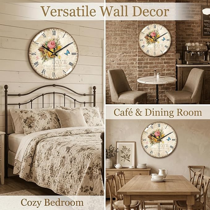 Decorative Wall Clock Battery Operated, 12-Inch Retro Vintage Floral Butterfly - Image 5
