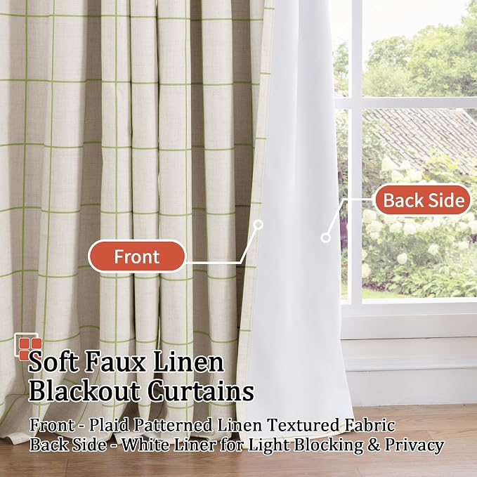 Lajode Sage Green Plaid Linen Blackout Curtains - Image 3
