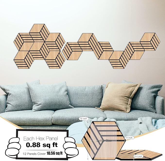 Mollywell Acoustic Panels, PVC Wood-Grain, 14x12 Inch Hexagon Carved Sound - Image 2