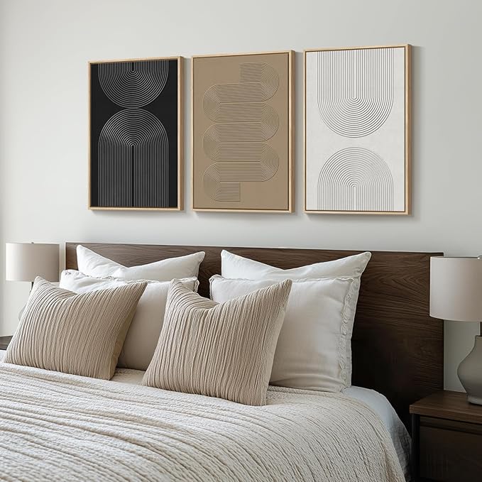 Framed Black and White Brown Abstract Wall Art, 3 Piece Boho Geometric Canvas - Image 2