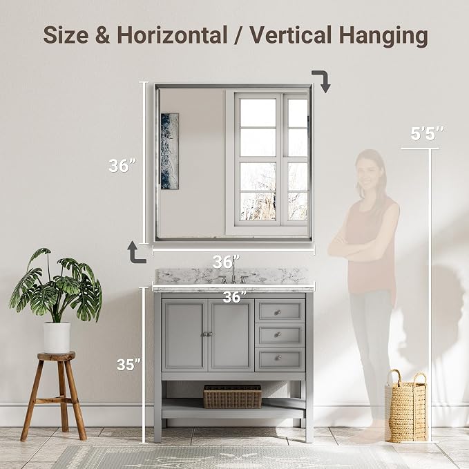 Silver Bathroom Mirror, 36x36 Inch Beveled Silver Square Mirror - Image 6