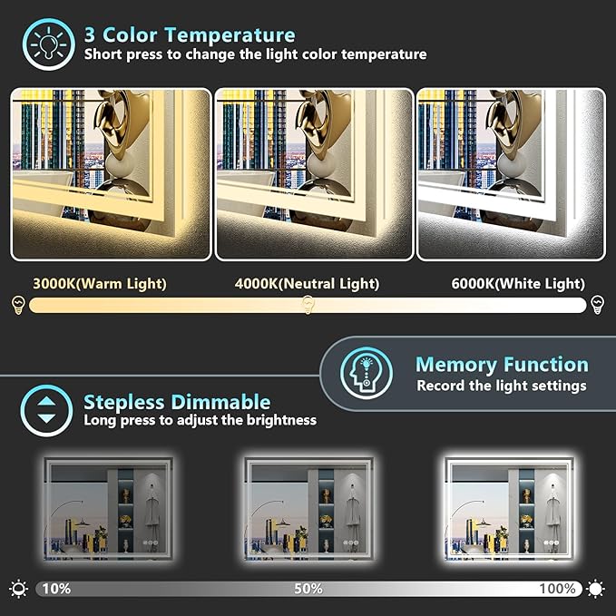 40x38 LED Bathroom Mirror with Lights, Backlit and Front Lit Anti-Fog Lighted - Image 4