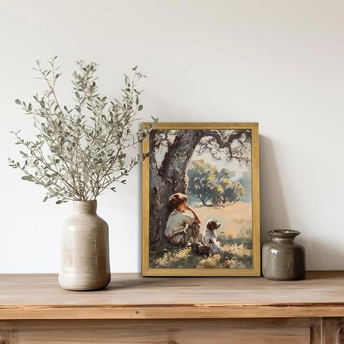 Wood Framed Canvas Wall Art, Vintage Boy and Dog Painting Poster, Countryside - Image 8