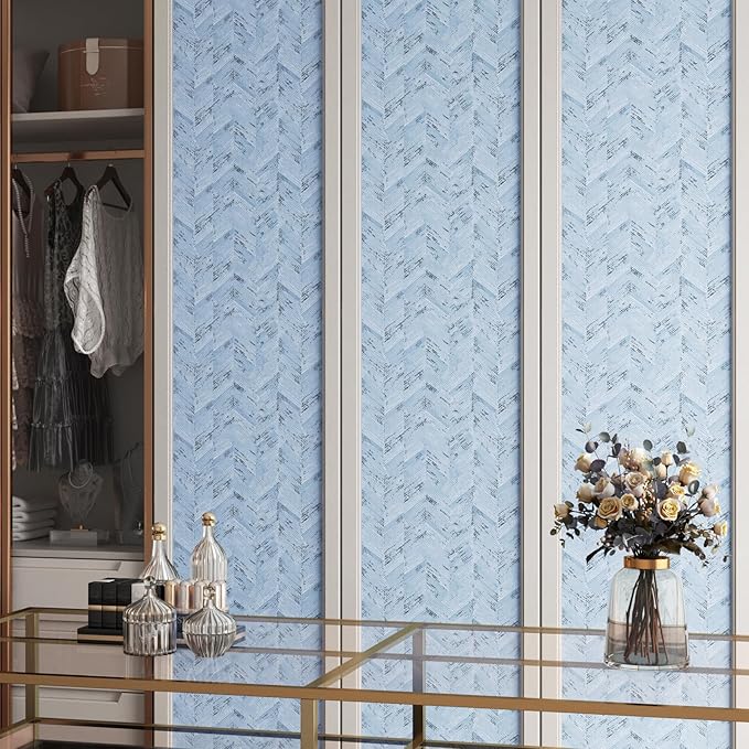 Livelynine Blue Fabric Wallpaper Peel and Stick Prepasted Herringbone Faux - Image 6