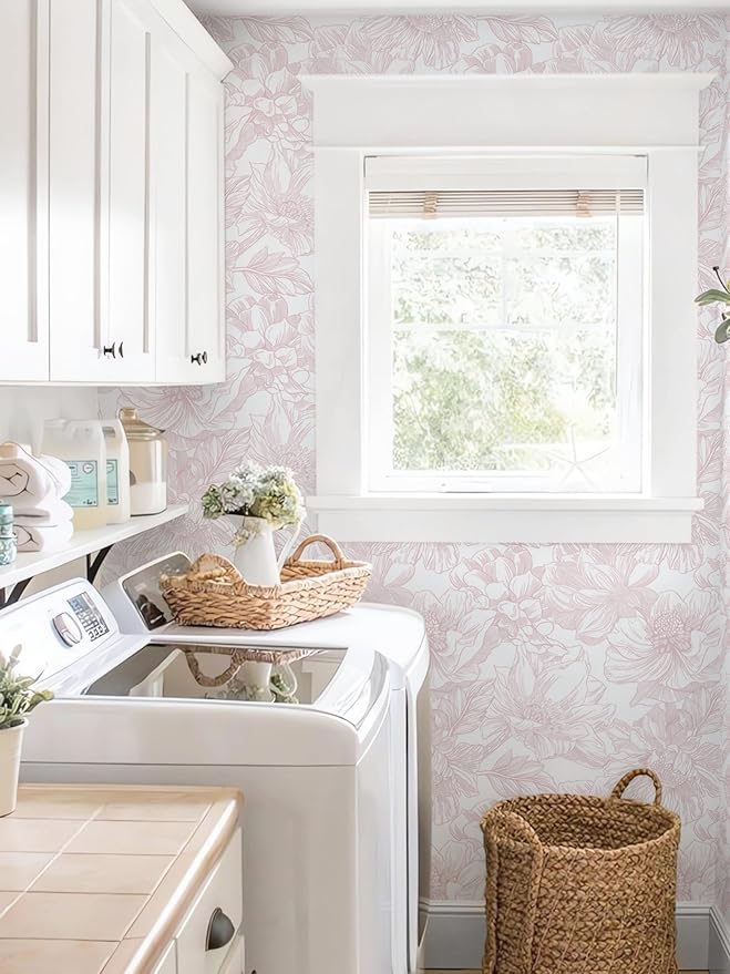 Ismoon Large Floral Peel and Stick Wallpaper Boho White/Pink Contact Paper - Image 4